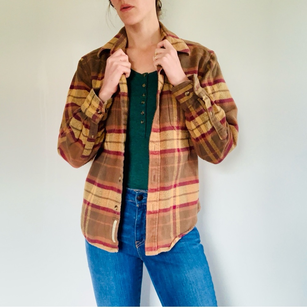 Gander Mountain Yellow Brown Plaid Flannel Shirt Grunge Button Up Long Sleeve S